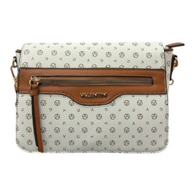 Γυναικεία Τσάντα Ώμου/Χιαστί με Εκρού Βάση και Καφέ Ταμπά Λεπτομέρειες