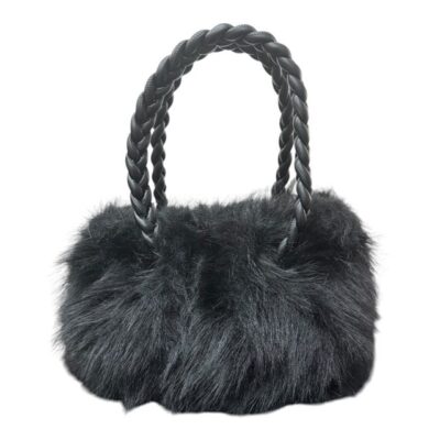 Μαύρη Γούνινη Τσάντα Χειρός με Εντυπωσιακές Πλεχτές Λαβές