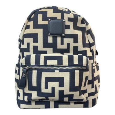 Σακίδιο Πλάτης Canvas με Γεωμετρικό Σχέδιο σε Μπεζ & Μπλε Σκούρο