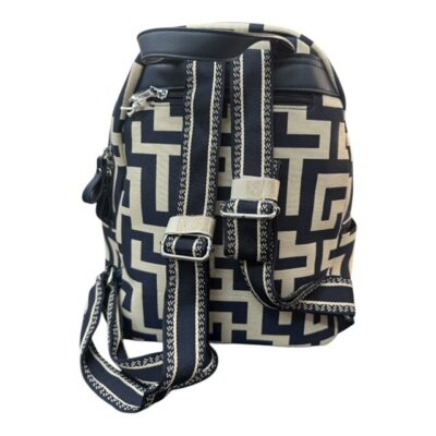 Σακίδιο Πλάτης Canvas με Γεωμετρικό Σχέδιο σε Μπεζ & Μπλε Σκούρο Πίσω Όψη