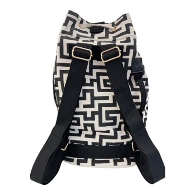 Σακίδιο Πλάτης Καμβά Μαύρο-Λευκό με Γεωμετρικό Σχέδιο και Κορδόνι Πίσω Όψη